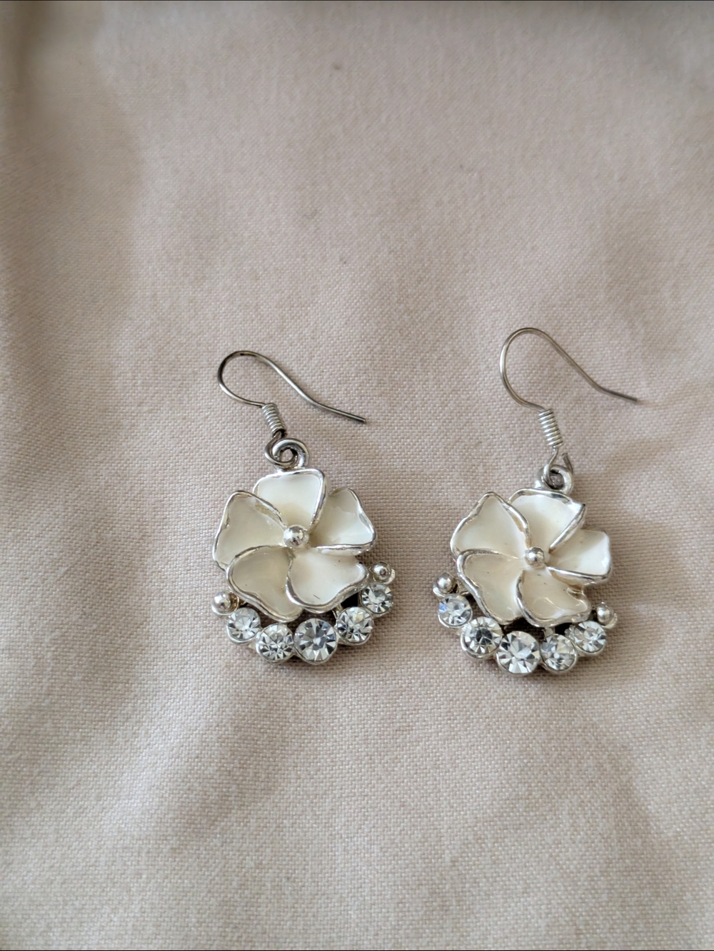 Silver-Tone Cream Flower Drop Earrings with Crystals - Women Jewelry